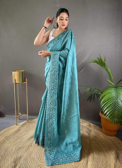 Traditional Saree Embroidered Silk in Teal