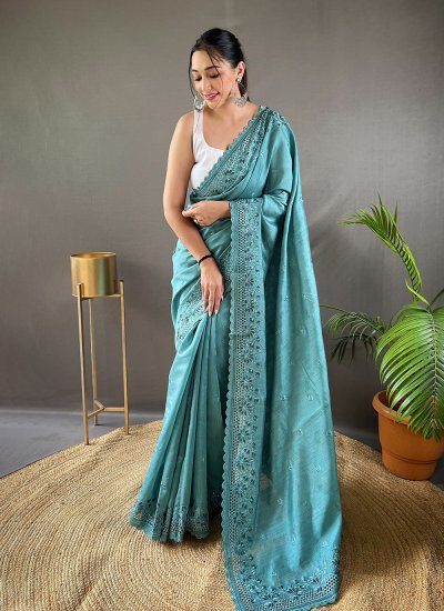 Traditional Saree Embroidered Silk in Teal