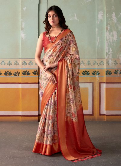 Trendy Saree Floral Print Handloom silk in Multi Colour