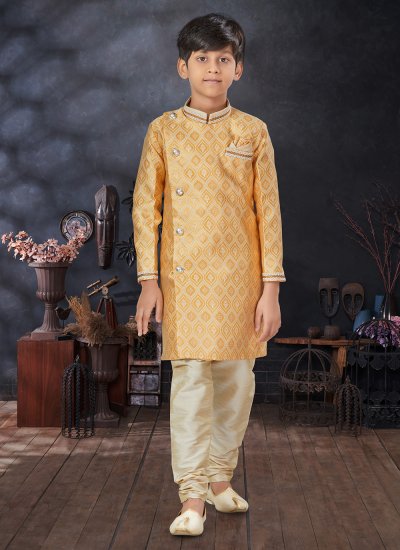 Urbane Yellow Buttons Work Jacquard Indo Western