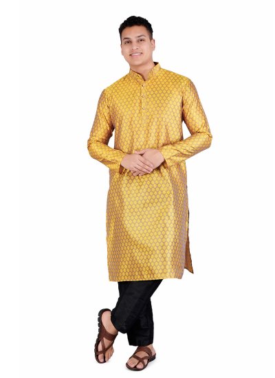 Weaving Satin Kurta Pyjama in Yellow