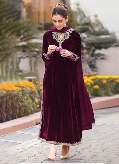 Wine Embroidered Velvet Pant Style Suit
