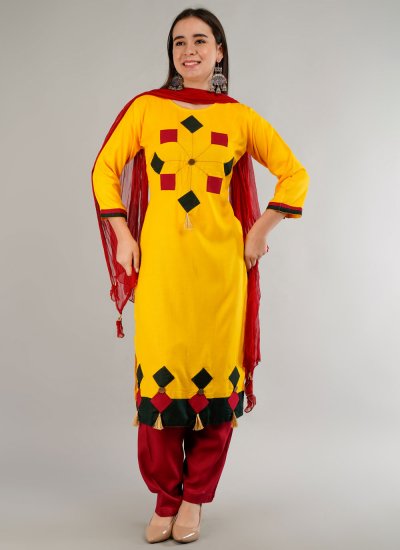 Yellow Patchwork Casual Pant Style Suit