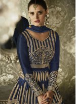 Bedazzling Embroidered Work Art Silk Blue Floor Length Anarkali Suit