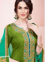 Prodigious Embroidered Work Green Cotton   Designer Patiala Suit