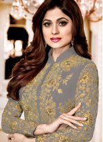 Shamita Shetty Embroidered Work Grey Faux Georgette Pant Style Suit