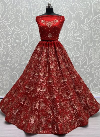 A Line Lehenga Choli Embroidered Net in Red