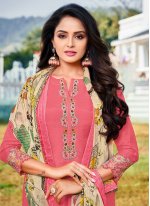 Absorbing Chanderi Cotton Pink Embroidered Churidar Salwar Suit