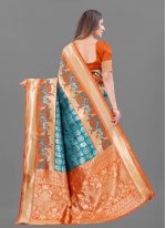 Absorbing Red and Turquoise Festival Traditional Designer Saree
