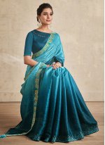 Absorbing Satin Silk Blue Designer Saree
