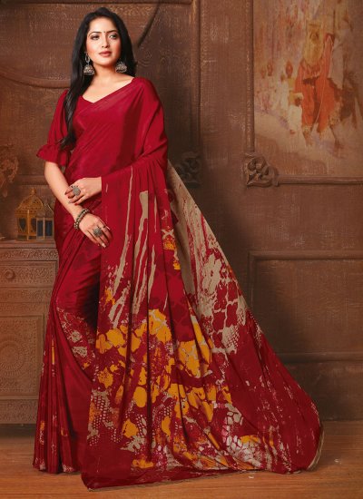 Abstract Print Faux Crepe Trendy Saree in Maroon