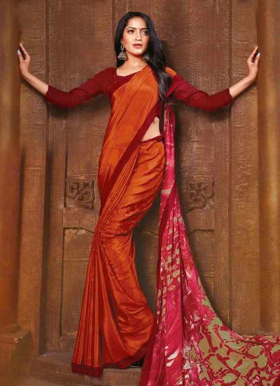 Abstract Print Faux Crepe Trendy Saree in Orange