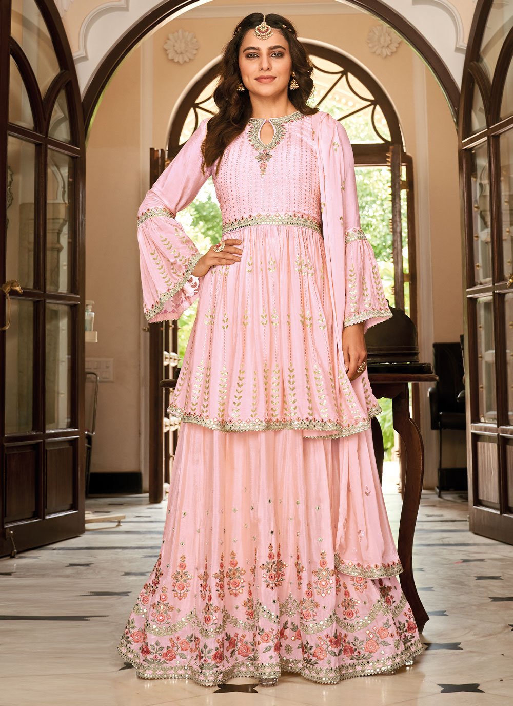 Engagement, Reception, Wedding Pink and Majenta color Net fabric Lehenga :  1691856