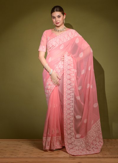 Adorable Faux Georgette Peach Embroidered Classic Saree