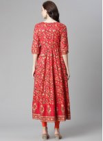 Adorable Printed Red Cotton Casual Kurti