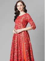 Adorable Printed Red Cotton Casual Kurti