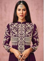Adorable Purple Resham Faux Georgette Anarkali Salwar Suit