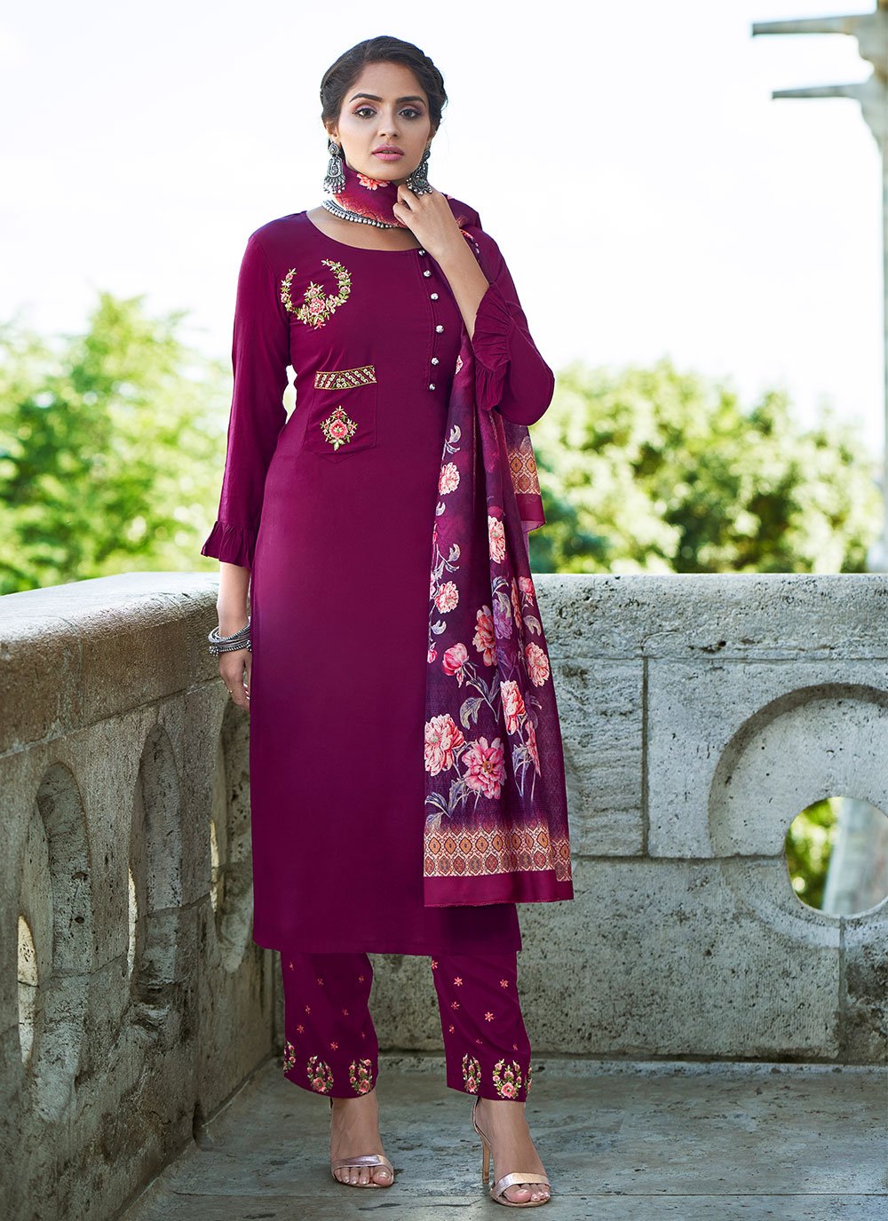 Georgette Embroidered Pink Straight Salwar Suit | UPTO 60% OFF -