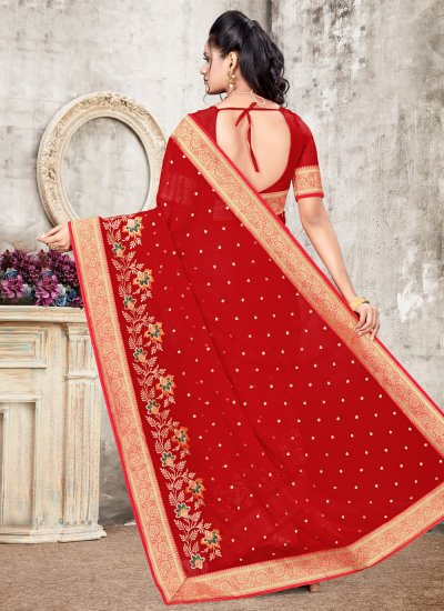 Adorning Faux Georgette Patch Border Red Classic Designer Saree