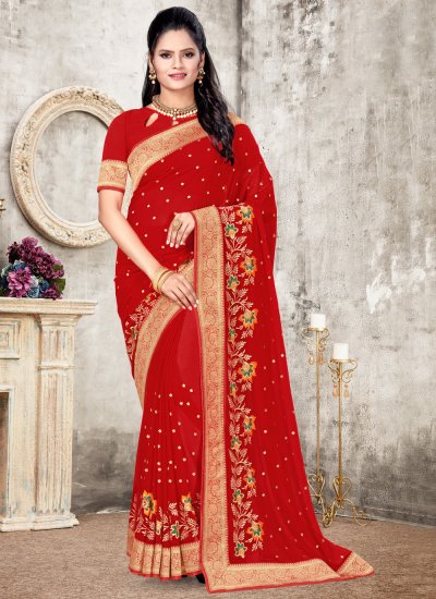 Adorning Faux Georgette Patch Border Red Classic Designer Saree