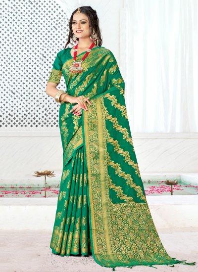 Adorning Weaving Green Banarasi Silk Traditional Saree