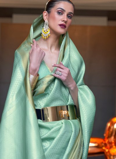 Adorning Weaving Green Silk Trendy Saree