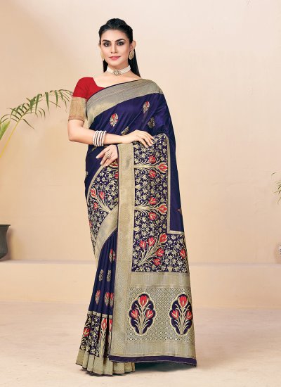 Aesthetic Banarasi Silk Blue Traditional Designer Saree