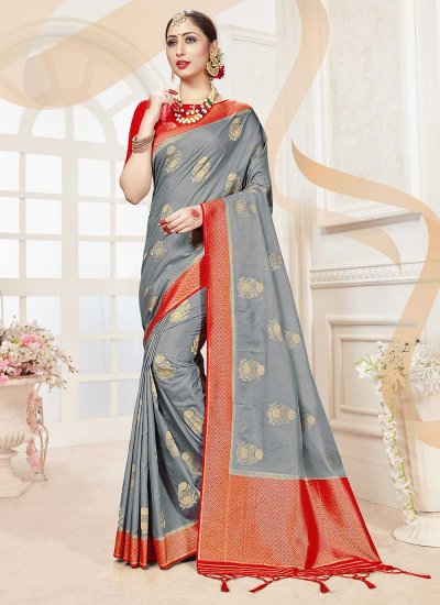 Aesthetic Banarasi Silk Grey Woven Traditional Designer Saree