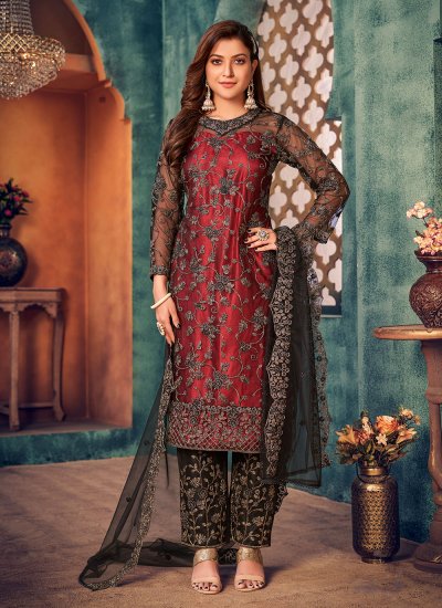 Red Designer Pakistani Embroidered Pant Style Suit