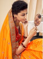 Aesthetic Silk Orange Resham Classic Saree