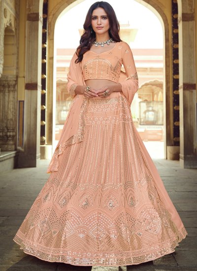 Buy Peach Color Net Fabric Coveted Lehenga Choli With Sequins Work Online  from SareesBazaar at Best Price