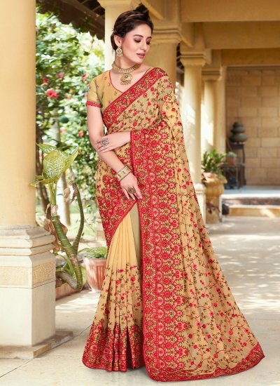 Affectionate Beige Embroidered Georgette Classic Saree