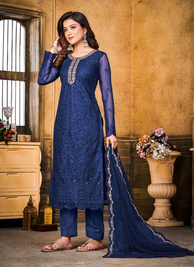 Affectionate Embroidered Net Pant Style Suit