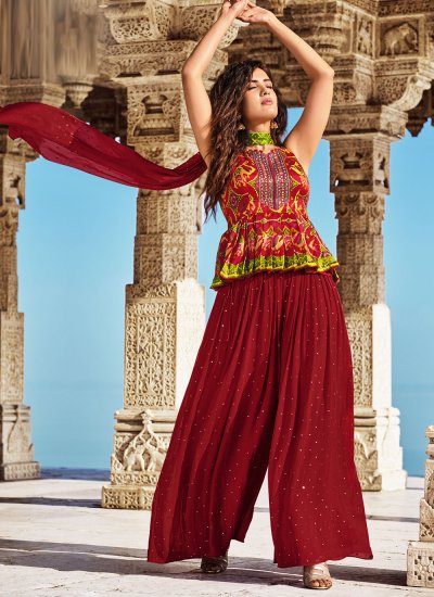 Titillating Fancy Fabric Red Designer Palazzo Salwar Suit 