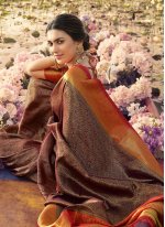 Affectionate Kanjivaram Silk Brown Jacquard Work Trendy Saree