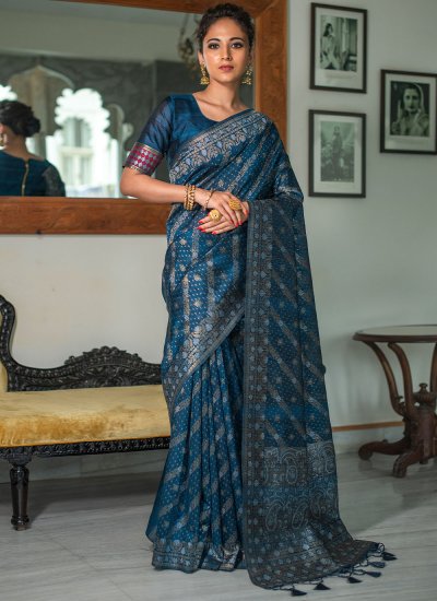 Affectionate Navy Blue Woven Tussar Silk Contemporary Saree