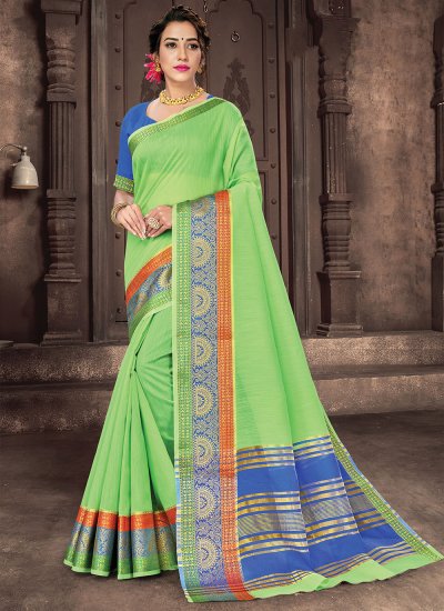 Affectionate Woven Handloom Cotton Green Traditional Saree