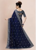 Alluring Blue Embroidered Net Classic Saree