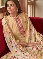 Alluring Cotton Silk Beige Embroidered Pant Style Suit