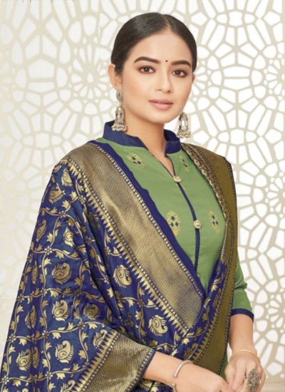 Alluring Cotton Silk Blue and Green Weaving Churidar Salwar Suit