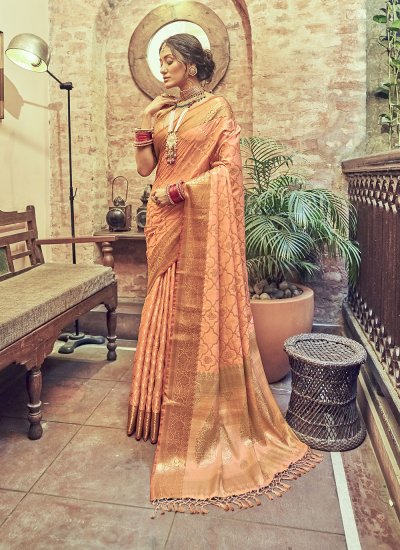 Alluring Weaving Peach Banarasi Silk Traditional Saree