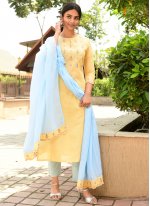 Amazing Embroidered Yellow Cotton Pant Style Suit