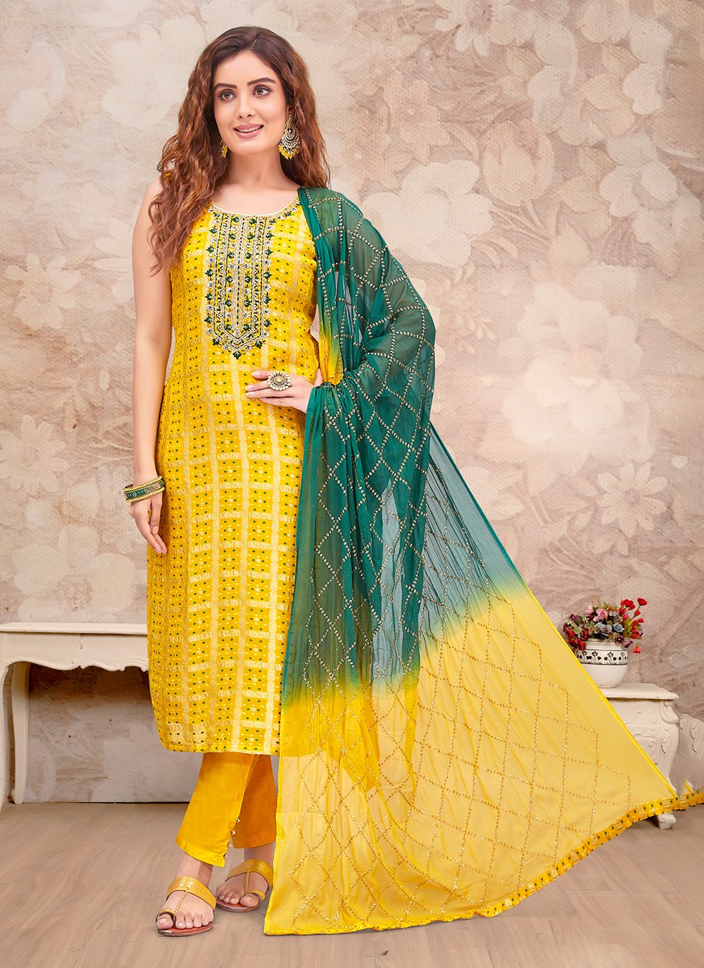 Pure Jam Satin Unstitched Yellow Salwar Suits Set with Embroidery – Stilento