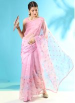 Angelic Pink Floral Print Silk Trendy Saree