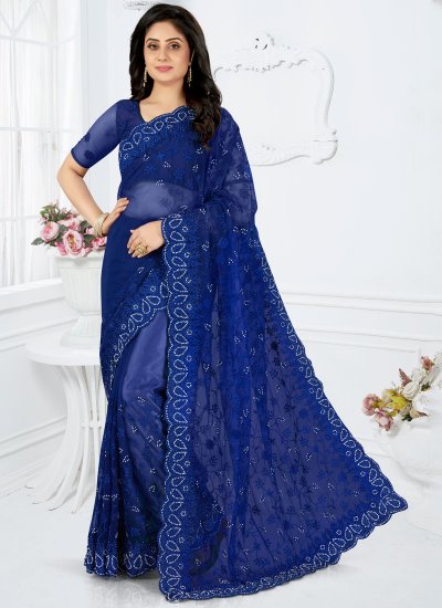 Appealing Blue Embroidered Classic Designer Saree