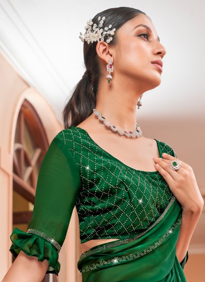 Appealing Green Chiffon Satin Trendy Saree