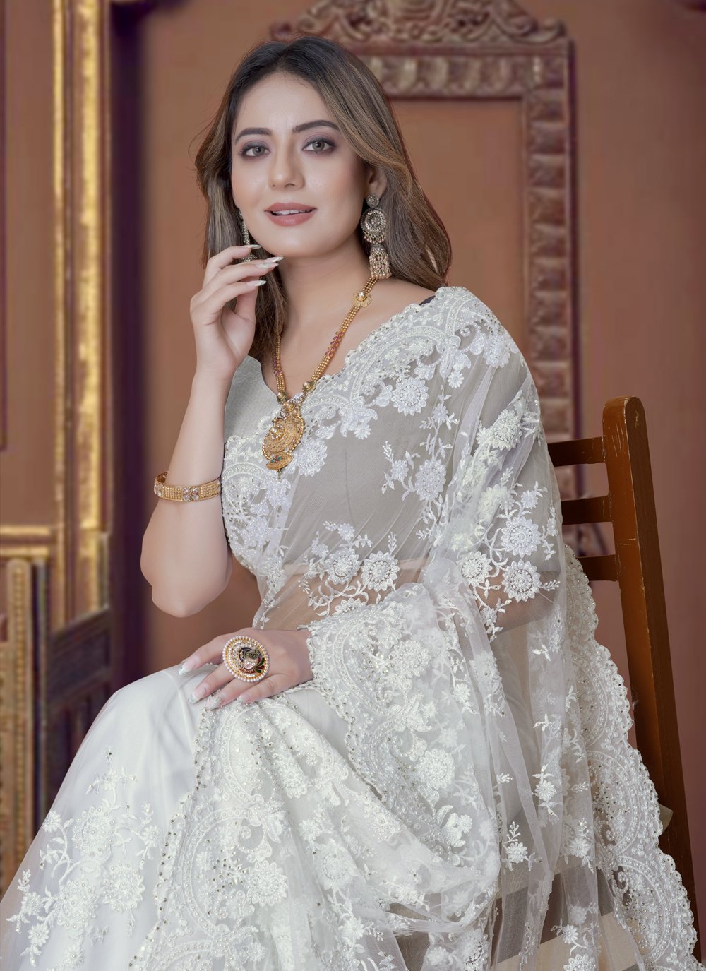 Buy online White Lace Floral Embroidered Saree With Blouse from ethnic wear  for Women by Vanraj Creation for ₹699 at 72% off | 2024 Limeroad.com