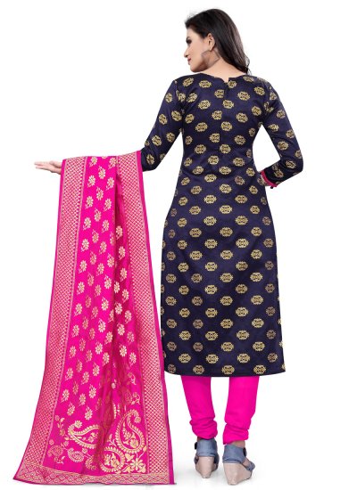 Appealing Weaving Banarasi Silk Navy Blue Churidar Suit