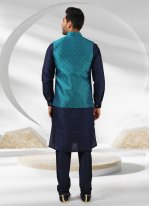 Aqua Blue and Blue Embroidered Banarasi Silk Kurta Payjama With Jacket
