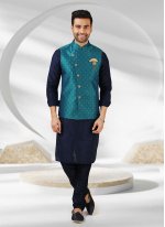 Aqua Blue and Blue Embroidered Banarasi Silk Kurta Payjama With Jacket